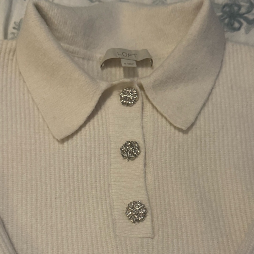 LOFT Cream V-Neck Sweater with Decorative Buttons